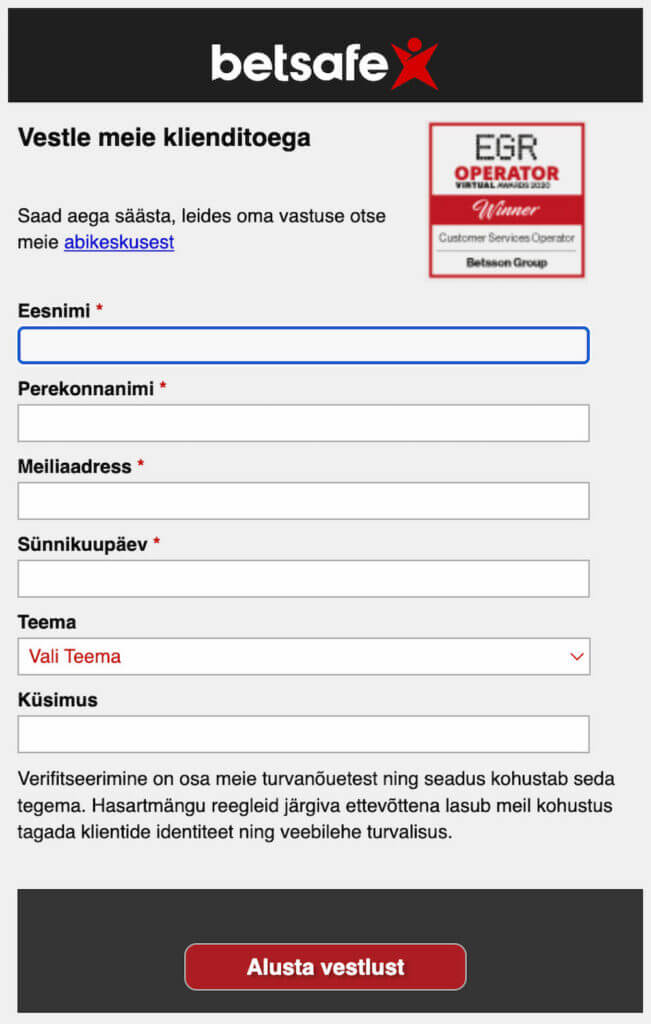 Betsafe Ülevaade Kuvatõmmis Vestlusega alustamisest