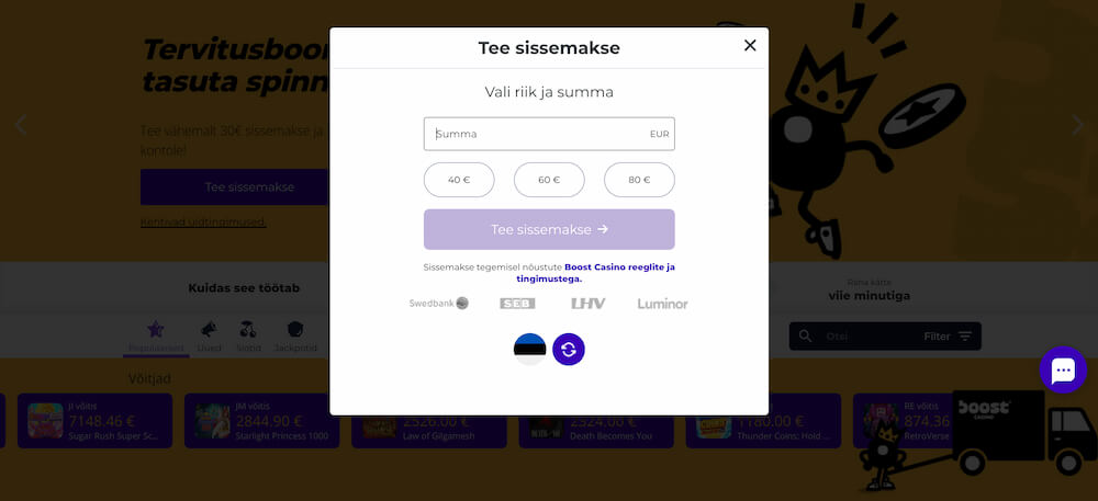 Boost Casino Kuvatõmmis Sissemakse Testimisest
