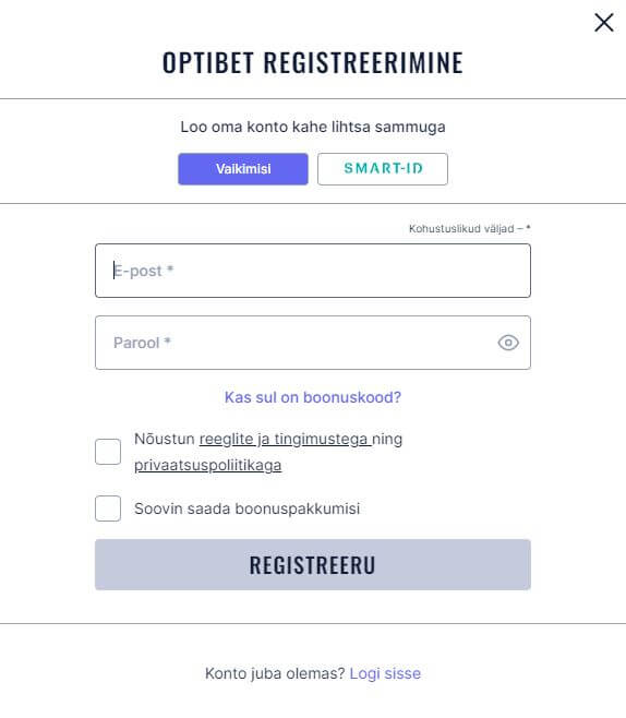 Optibeti konto registreerimine