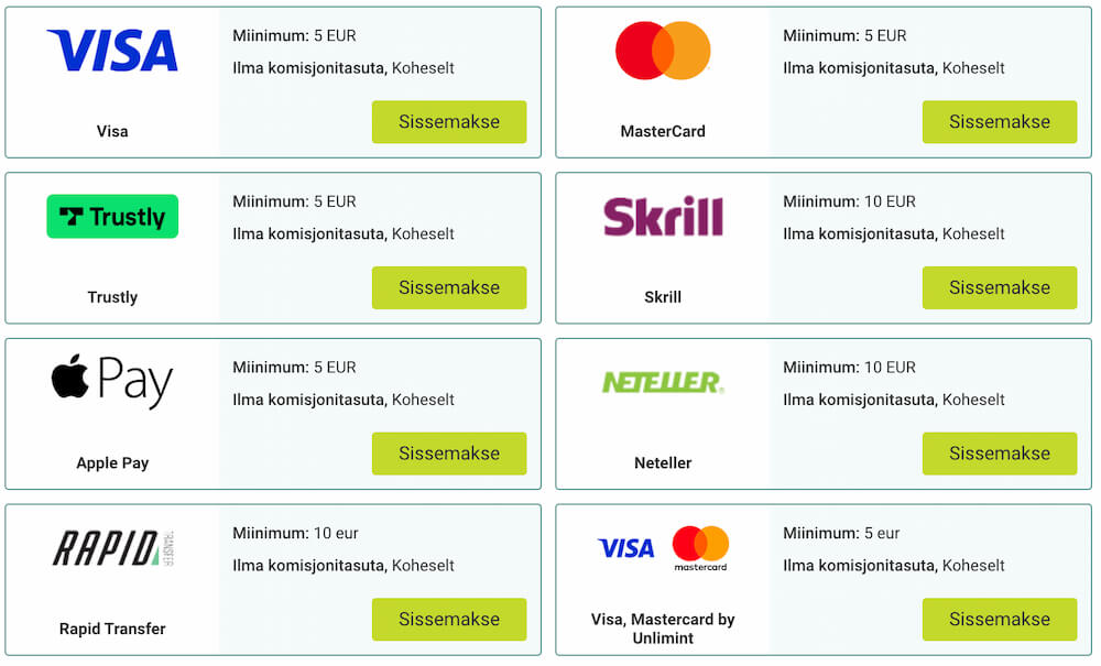 VivatBet Arvustus Maksemeetodid