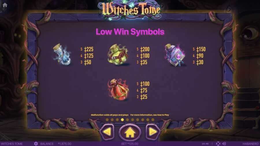 Witches Tome kasiino sloti madalama väärtusega sümbolid.