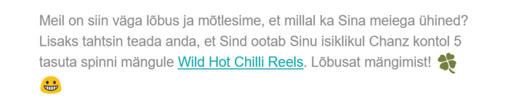 Chanz tasuta spinnide email Chanz kasiino üllatusboonus