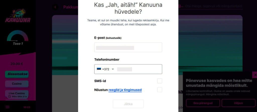 Kanuunaga liitumine Sisesta oma e-post ja telefoninumber