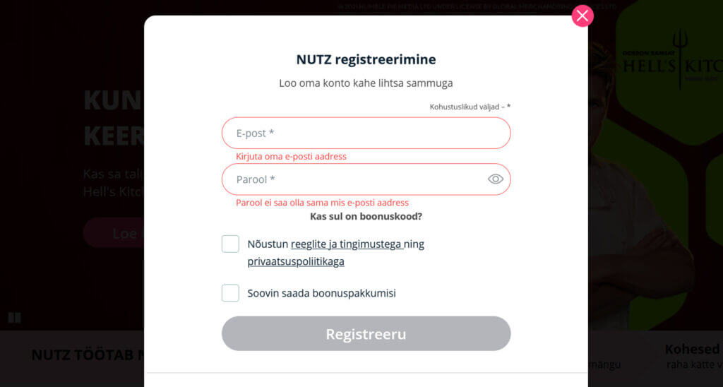 Nutz konto loomine - esimene samm Nutz kasiino konto loomine