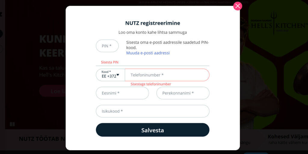 Nutz konto loomine - teine samm Konto loomine Nutz kasiinos
