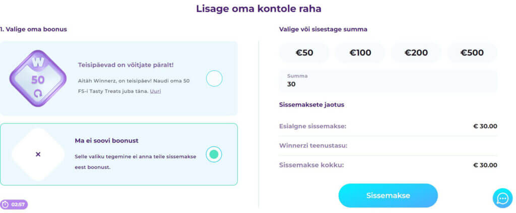 Sissemakse tegemine Winnerz sissemaksed ja boonuse vastu võtmine